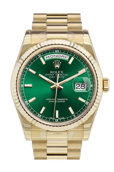 rolex gold day date green face|rolex pre owned date.